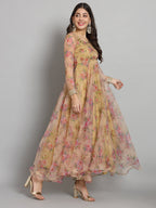 Fab Fashion Pink Floral Golden Organza Anarkali Set | Grocsy