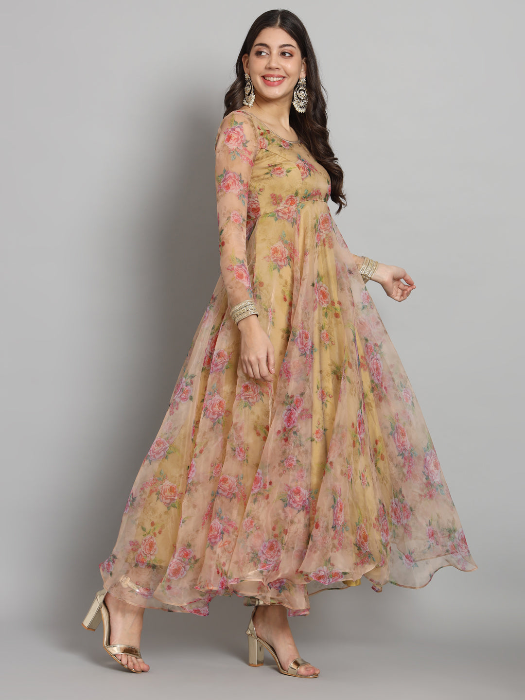Fab Fashion Pink Floral Golden Organza Anarkali Set | Grocsy