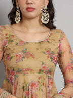 Fab Fashion Pink Floral Golden Organza Anarkali Set | Grocsy