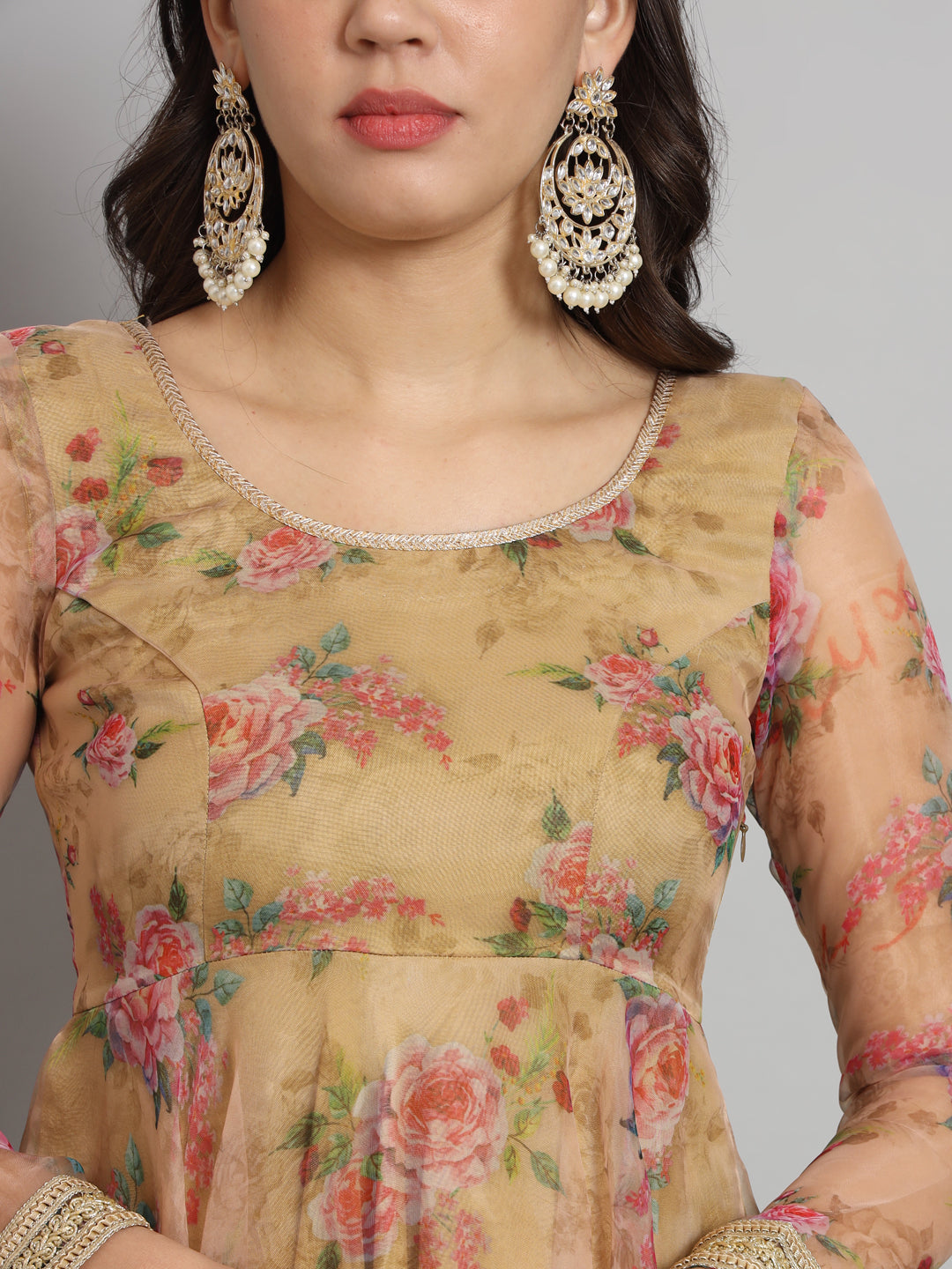 Fab Fashion Pink Floral Golden Organza Anarkali Set | Grocsy