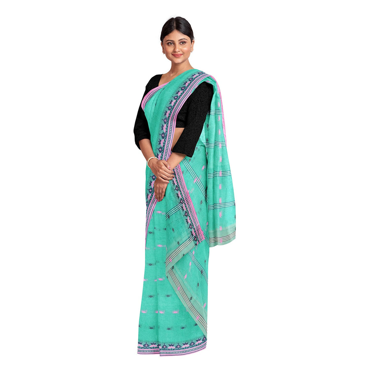 Exclusive Collection 100% Pure Cotton Green Tant Saree With Hand Weaving Work | Grocsy