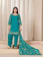 Anaita Teal-Blue Premium Embroidered Roman Silk Salwar Suit | Grocsy