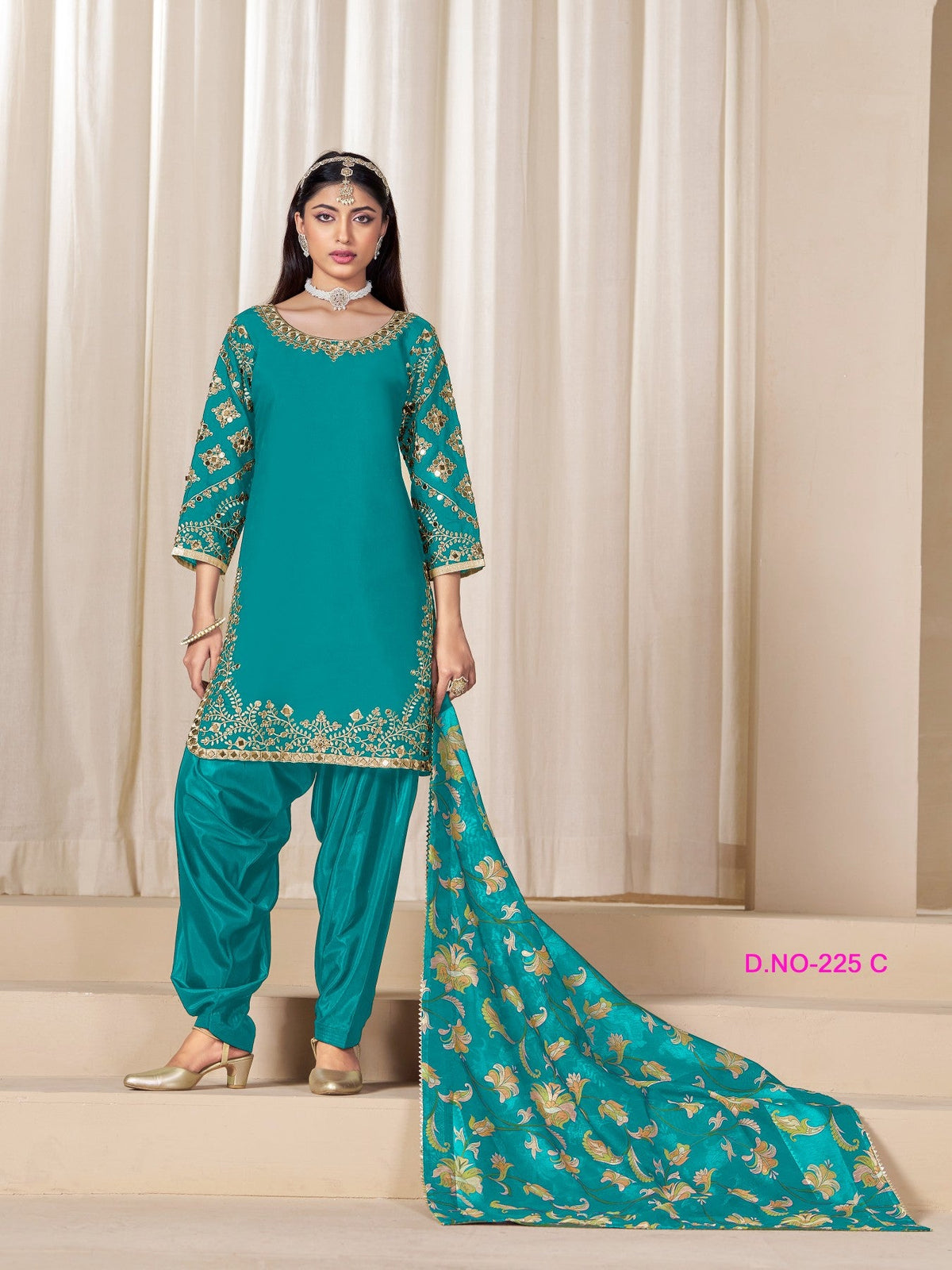 Anaita Teal-Blue Premium Embroidered Roman Silk Salwar Suit | Grocsy