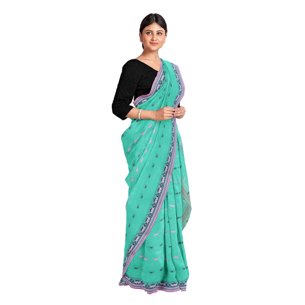 Exclusive Collection 100% Pure Cotton Green Tant Saree With Hand Weaving Work | Grocsy
