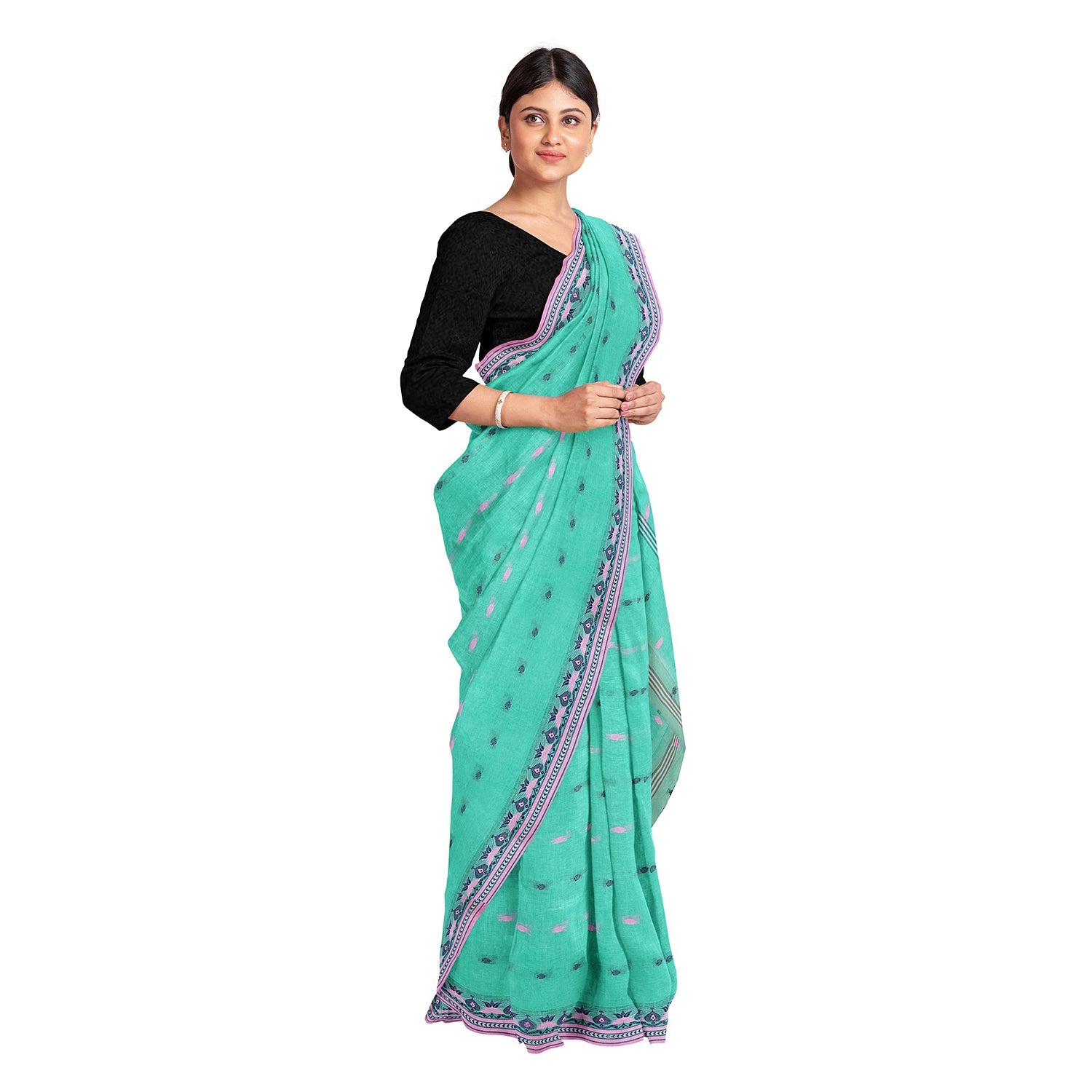 Exclusive Collection 100% Pure Cotton Green Tant Saree With Hand Weaving Work | Grocsy