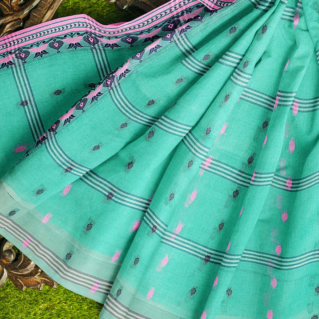 Exclusive Collection 100% Pure Cotton Green Tant Saree With Hand Weaving Work | Grocsy