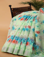 Pastel Green and Blue Digital Prin Semi Chanderi Saree By Gayathri Reddy Designer Studio | Grocsy