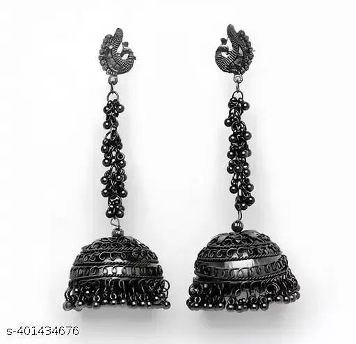 Tehzeeb Creations Women's Black Colour Oxidised Peacock Design Earrings | Grocsy