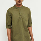 Fabmade Men Olive Green Solid Short Length Kurta | Grocsy