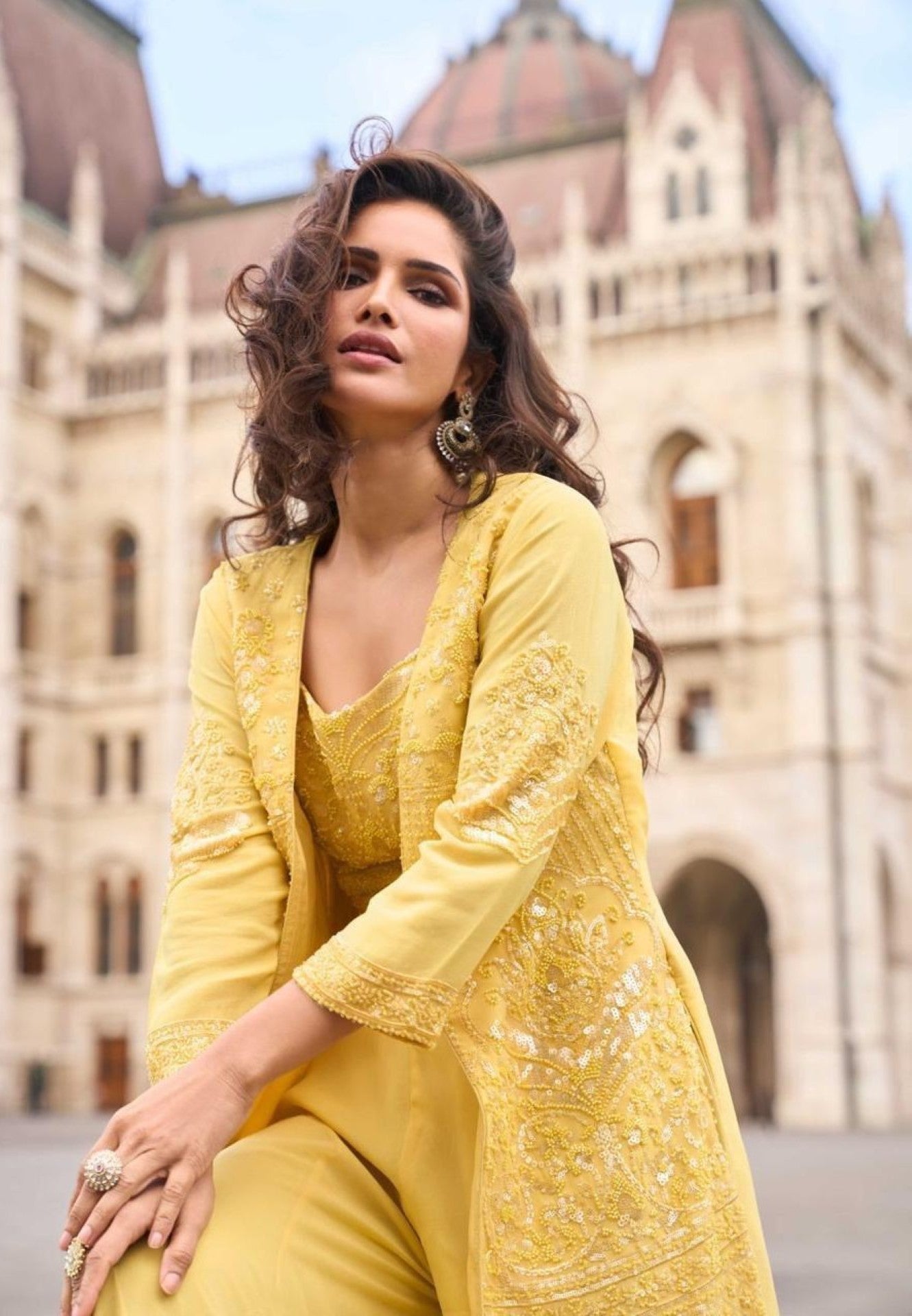 Anaita Yellow Georgette Stitched Suit With Embroidery & Beats Work | Grocsy