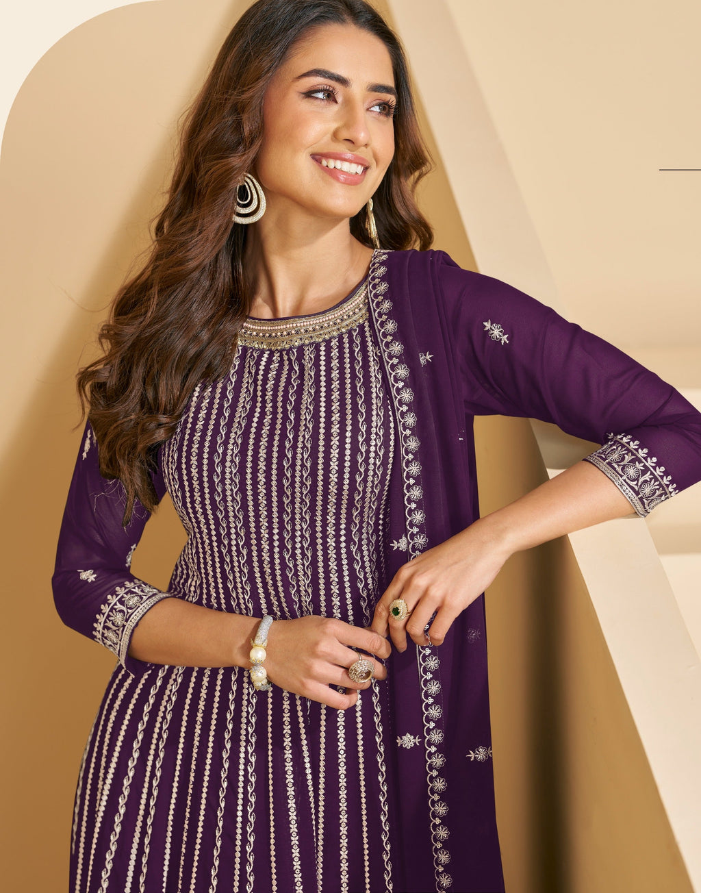 Anaita Violet Faux Georgette Stitched Plazzo Suit with Sequence Work | Grocsy