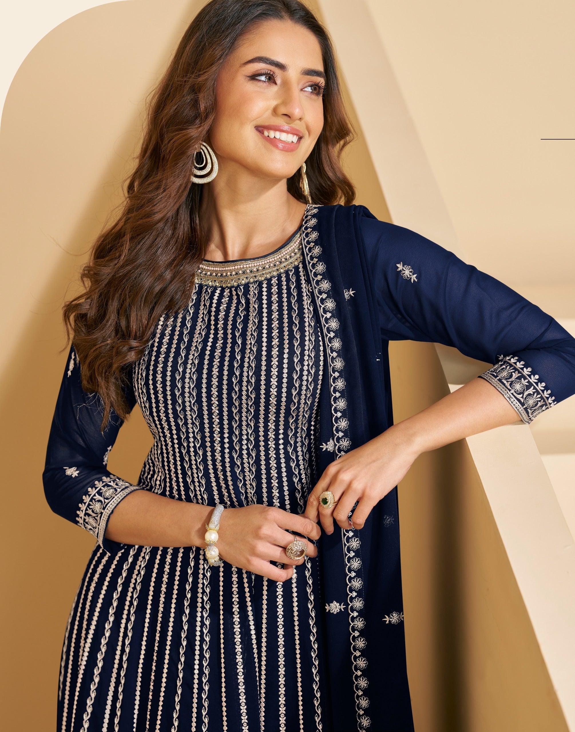 Anaita Navy Faux Georgette Stitched Plazzo Suit with Sequence Work | Grocsy