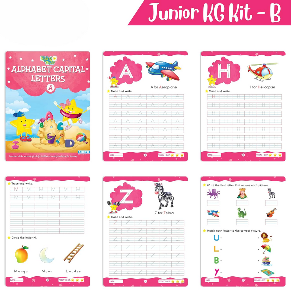 Rising Star Preschool Learning Junior KG Kit B| Alphabet Letters Writing| Numbers| General Knowledge| Rhymes & Stories| Worksheets & Assessment Book | Grocsy