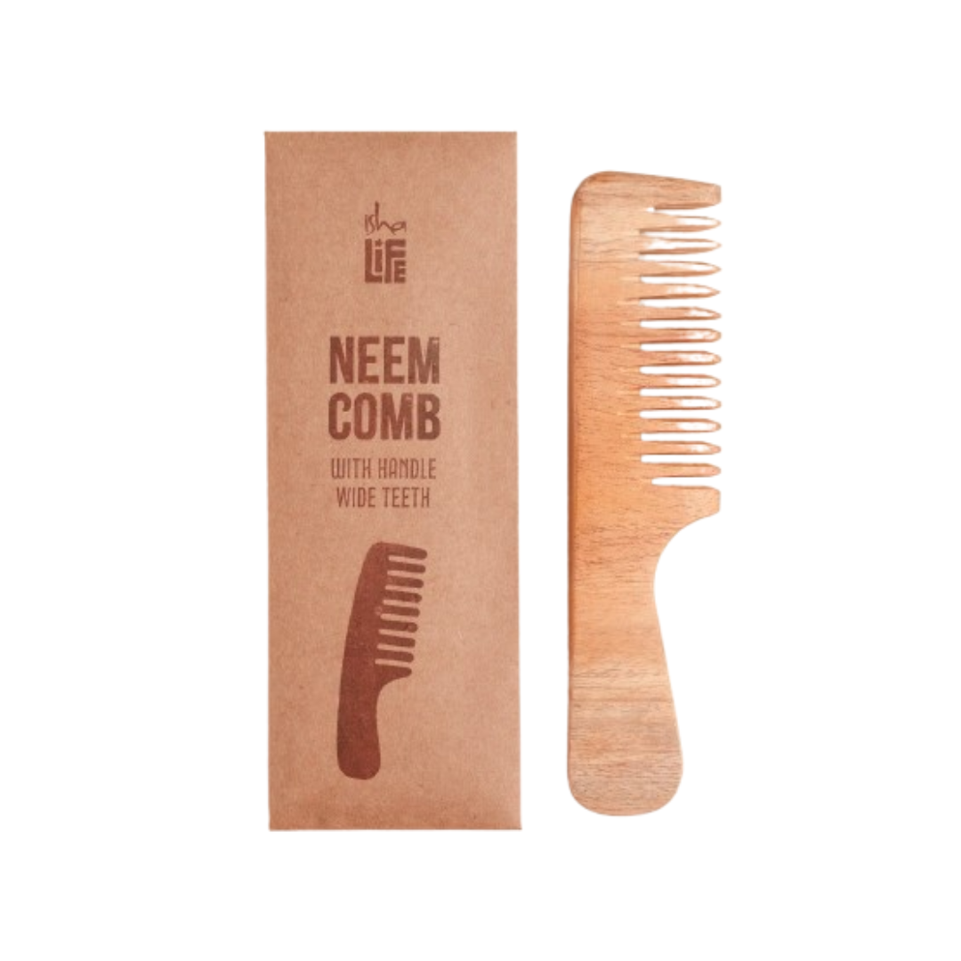 Isha Life Handmade Neem Wood Comb With Handle (Wider Teeth) | Grocsy
