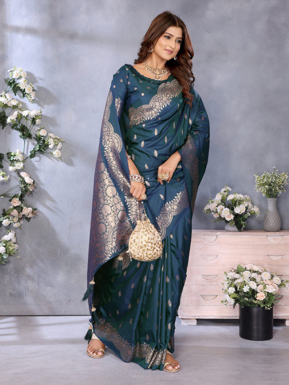 Anaita Blue Premium Banarasi Tissue Silk Saree With Gala Weaving Work | Grocsy