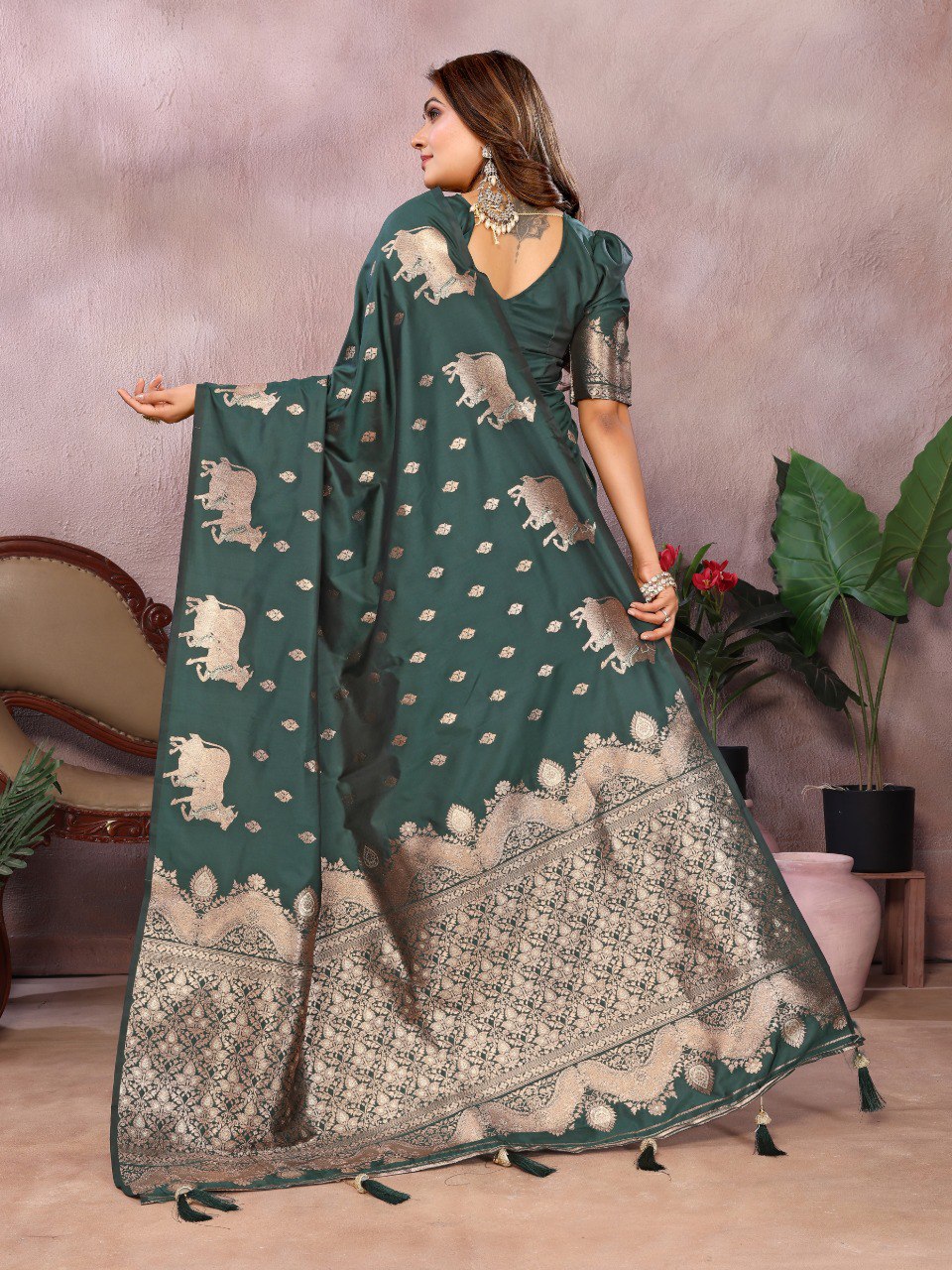 Anaita Dark Green Premium Banarasi Tissue Silk Saree With Gala Weaving Work | Grocsy