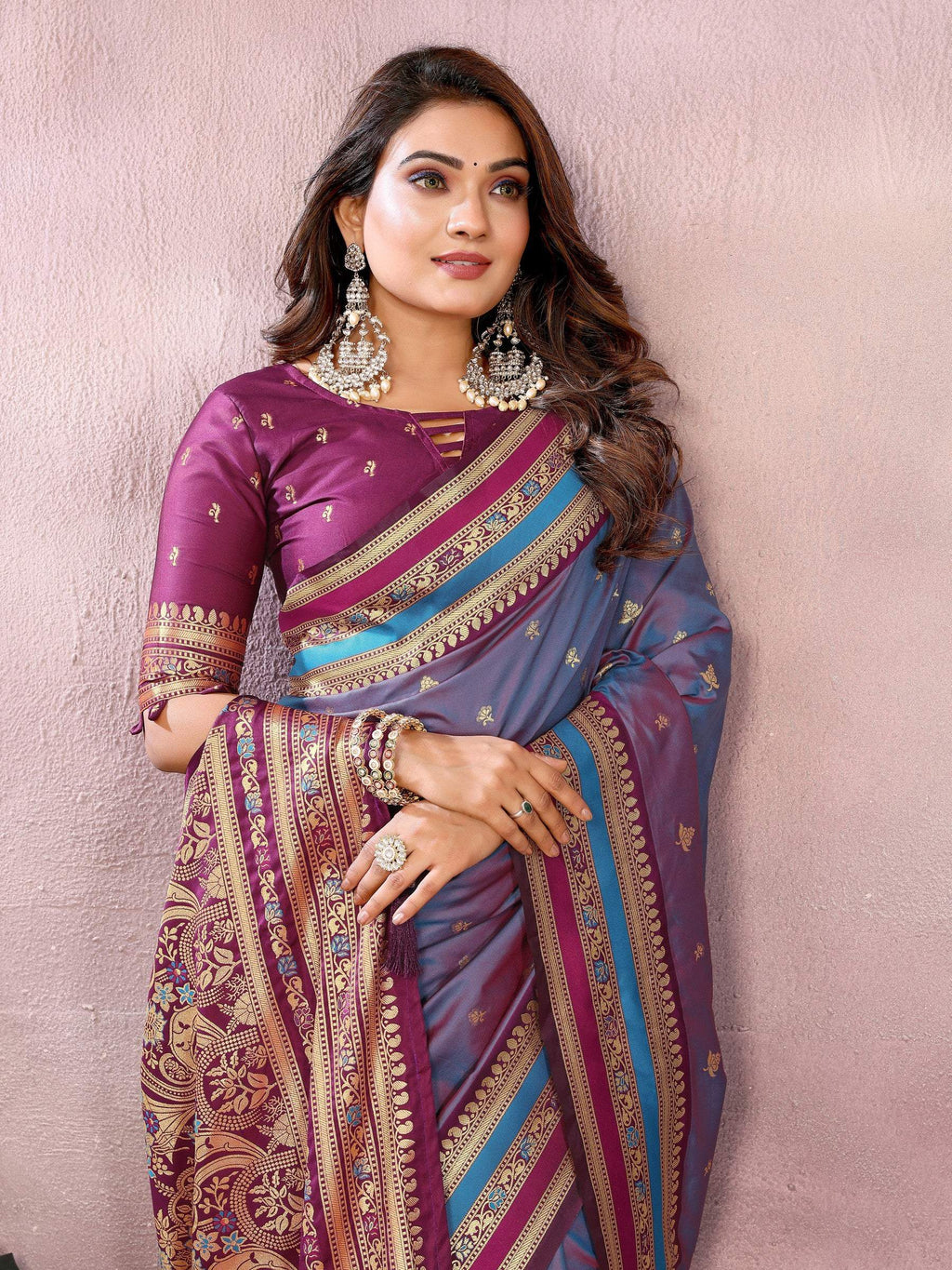 Anaita Dusty Blue Handloom Kalamkari Silk Saree With Zari Woven Work | Grocsy