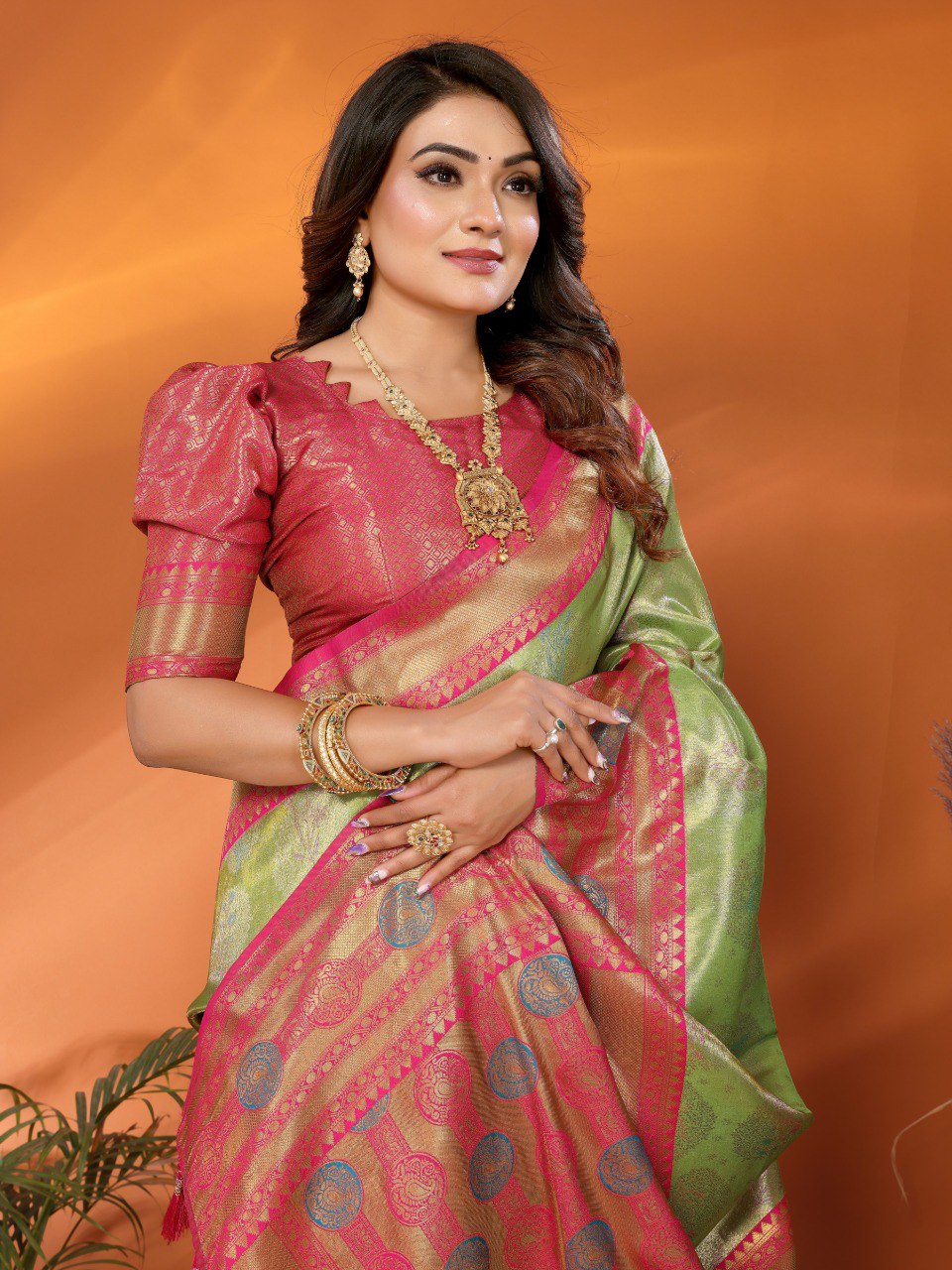 Anaita Green Banarasi Tissue Silk Saree With Weaving Work | Grocsy