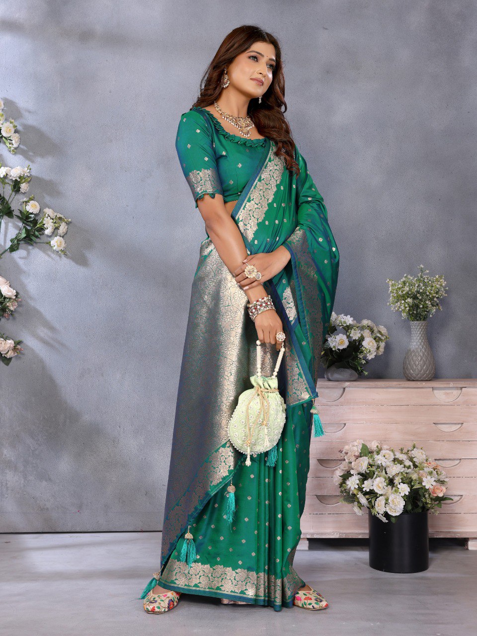 Anaita Green Premium Banarasi Tissue Silk Saree With Gala Weaving Work | Grocsy