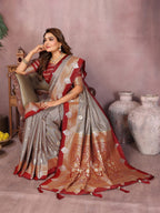 Anaita Grey Handloom Kalamkari Silk Saree With Zari Woven Work | Grocsy