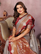 Anaita Grey Handloom Kalamkari Silk Saree With Zari Woven Work | Grocsy