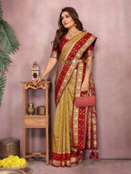 Anaita Gold Handloom Kalamkari Silk Saree With Zari Woven Work | Grocsy