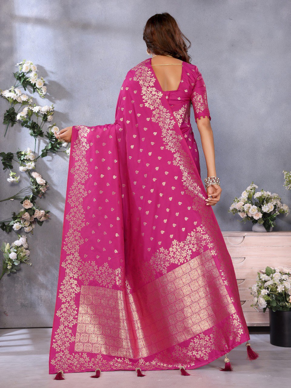 Anaita Rani Pink Premium Banarasi Tissue Silk Saree With Gala Weaving Work | Grocsy