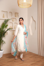 Lorenvalley Offwhite Chanderi Cotton Embroidered Work Kurta Set | Grocsy