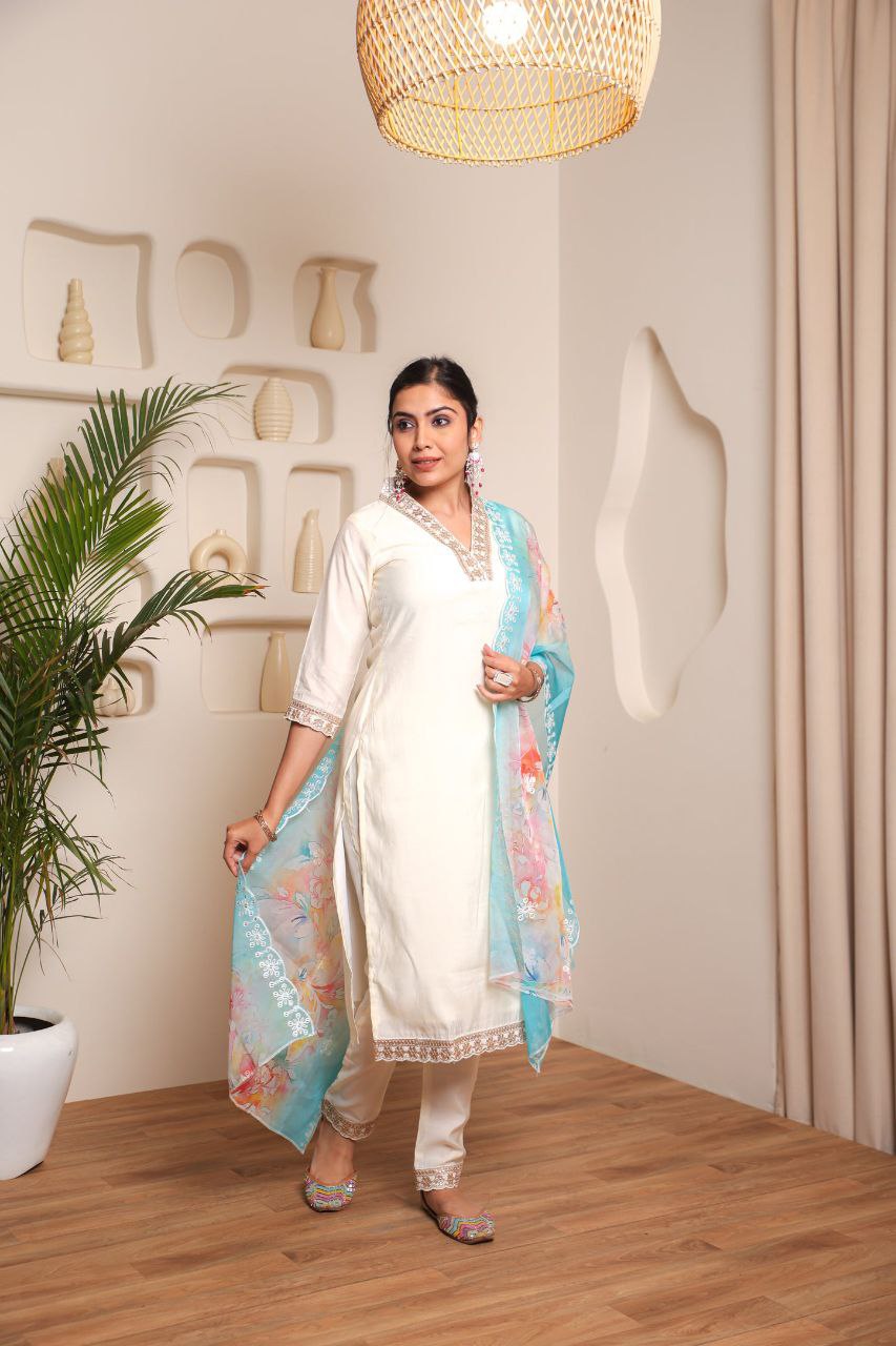 Lorenvalley Offwhite Chanderi Cotton Embroidered Work Kurta Set | Grocsy