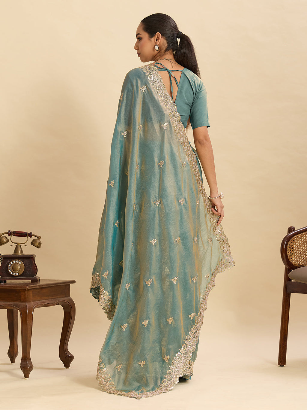 Lorenvalley Fashion Seagreen Fendy Satin with Embroidery Double Sequence Work Saree with Blouse | Grocsy