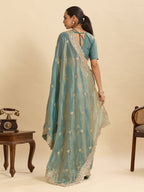 Lorenvalley Fashion Seagreen Fendy Satin with Embroidery Double Sequence Work Saree with Blouse | Grocsy