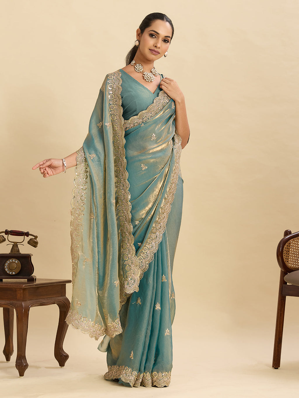 Lorenvalley Fashion Seagreen Fendy Satin with Embroidery Double Sequence Work Saree with Blouse | Grocsy