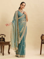 Lorenvalley Fashion Seagreen Fendy Satin with Embroidery Double Sequence Work Saree with Blouse | Grocsy