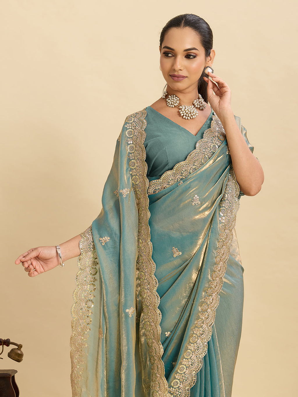 Lorenvalley Fashion Seagreen Fendy Satin with Embroidery Double Sequence Work Saree with Blouse | Grocsy