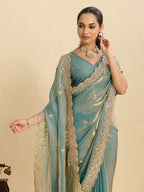 Lorenvalley Fashion Seagreen Fendy Satin with Embroidery Double Sequence Work Saree with Blouse | Grocsy