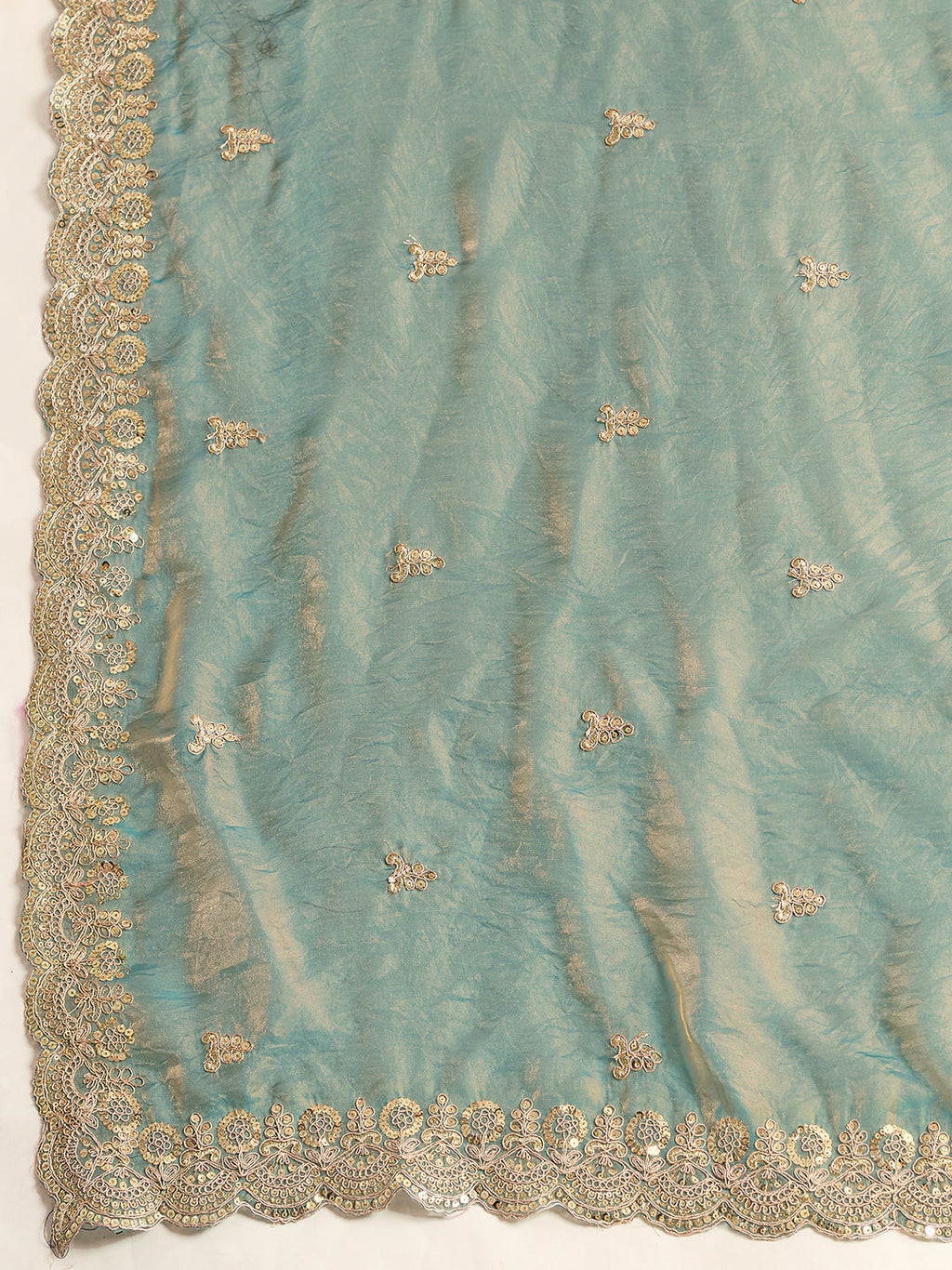 Lorenvalley Fashion Seagreen Fendy Satin with Embroidery Double Sequence Work Saree with Blouse | Grocsy