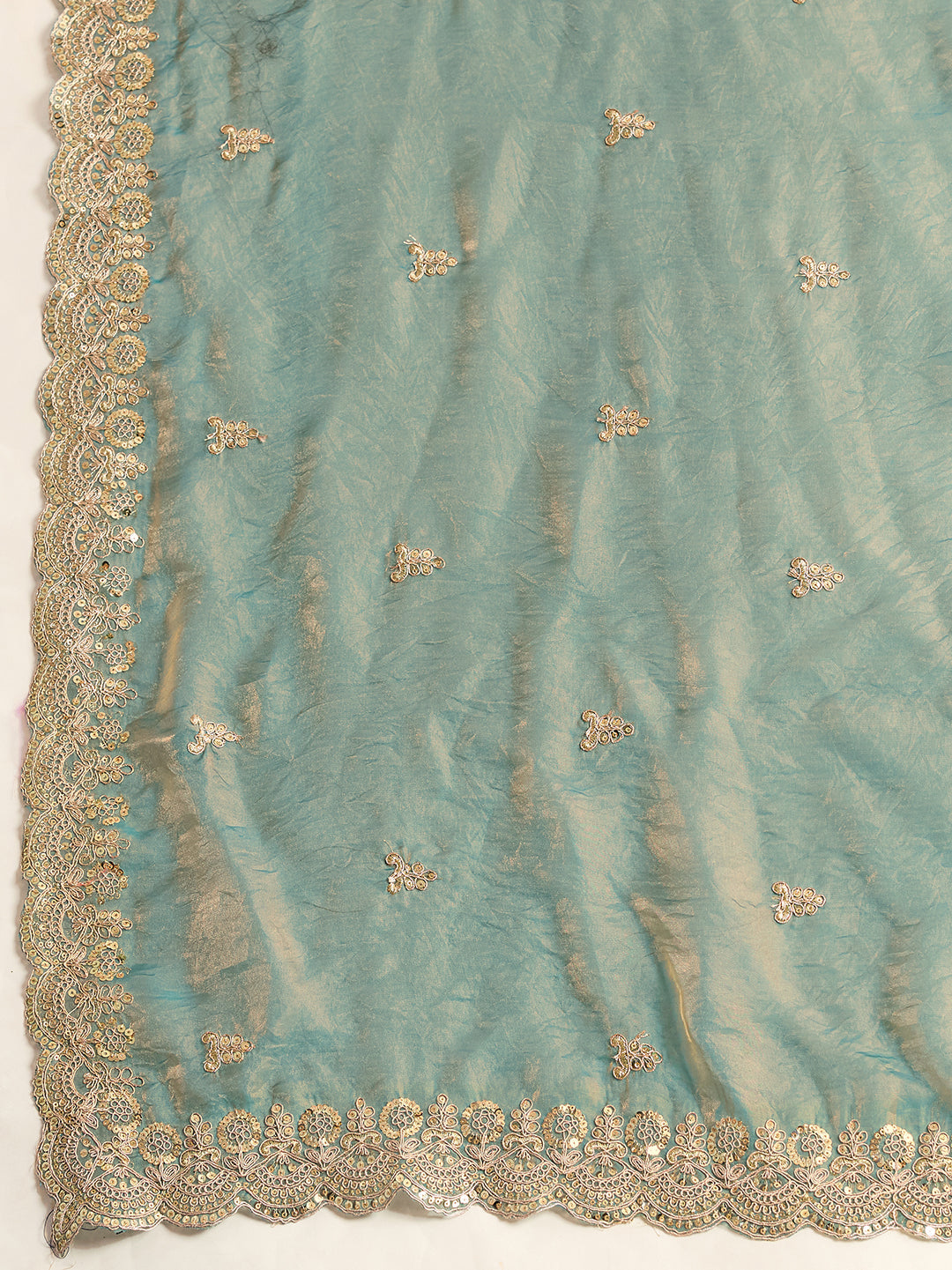 Lorenvalley Fashion Seagreen Fendy Satin with Embroidery Double Sequence Work Saree with Blouse | Grocsy