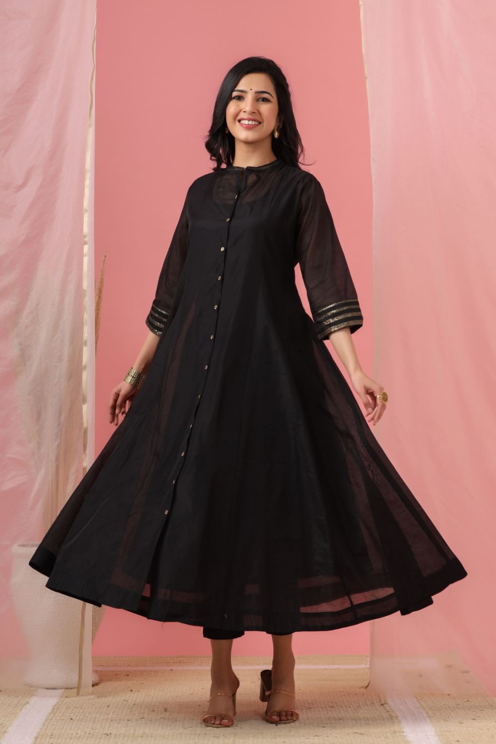 Juniper Womens Black Chanderi Solid Kalidar Kurta | Grocsy