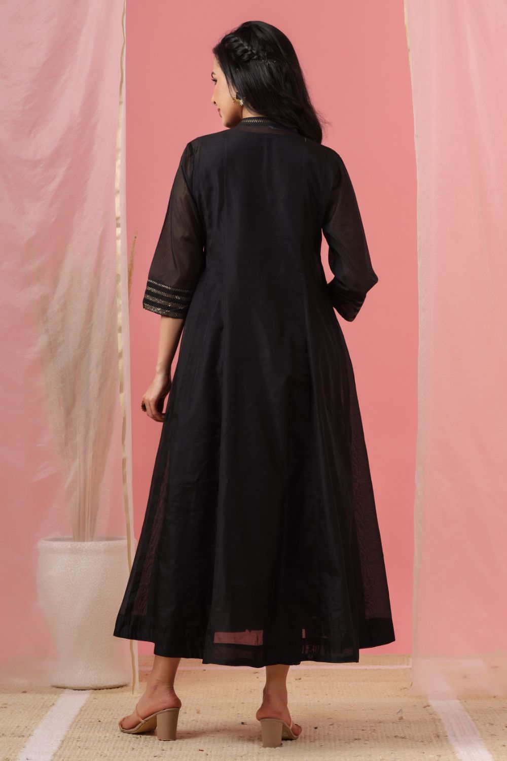 Juniper Womens Black Chanderi Solid Kalidar Kurta | Grocsy