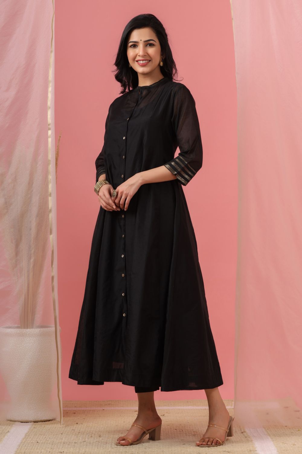Juniper Womens Black Chanderi Solid Kalidar Kurta | Grocsy