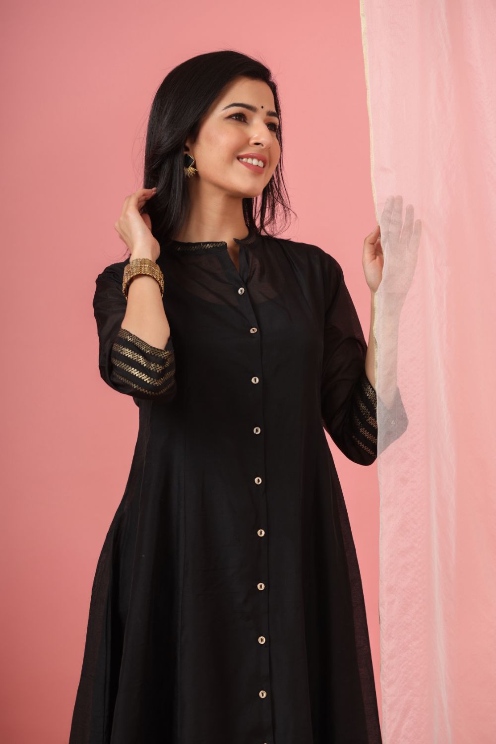 Juniper Womens Black Chanderi Solid Kalidar Kurta | Grocsy
