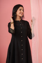 Juniper Womens Black Chanderi Solid Kalidar Kurta | Grocsy