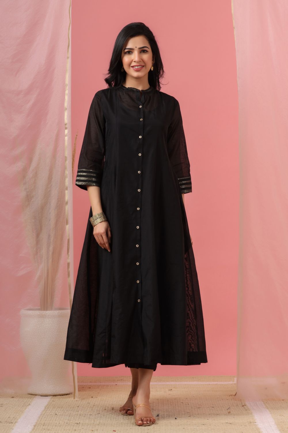Juniper Womens Black Chanderi Solid Kalidar Kurta | Grocsy