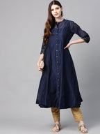 Juniper Indigo Solid Chanderi Kalidar A-line Women Kurta With Buttons | Grocsy