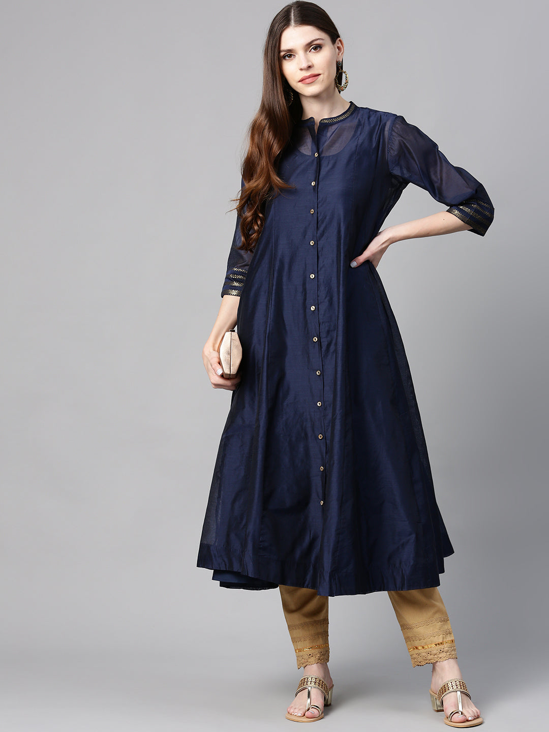 Juniper Indigo Solid Chanderi Kalidar A-line Women Kurta With Buttons | Grocsy