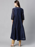 Juniper Indigo Solid Chanderi Kalidar A-line Women Kurta With Buttons | Grocsy