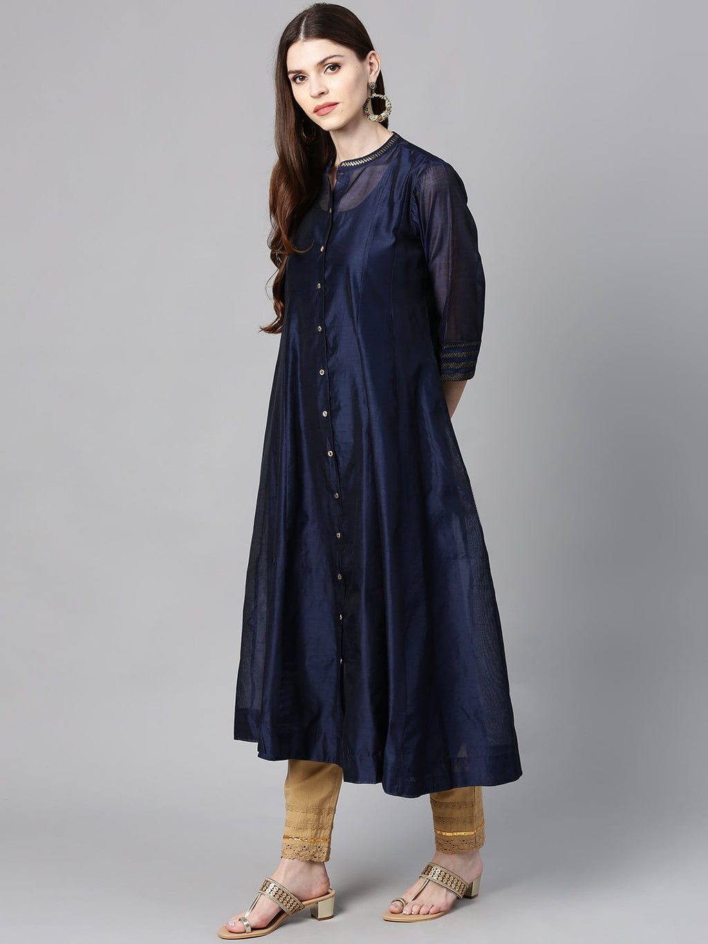 Juniper Indigo Solid Chanderi Kalidar A-line Women Kurta With Buttons | Grocsy