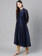 Juniper Indigo Solid Chanderi Kalidar A-line Women Kurta With Buttons | Grocsy