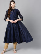 Juniper Indigo Solid Chanderi Kalidar A-line Women Kurta With Buttons | Grocsy