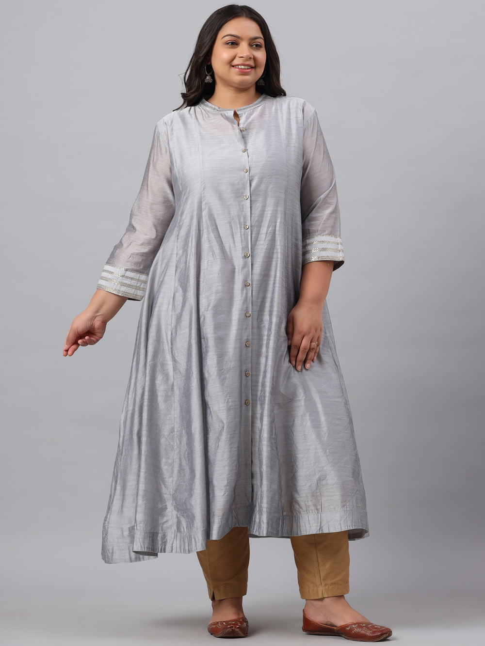Juniper Women`s Grey Chanderi Silk Solid Anarkali Kurta with Inner | Grocsy